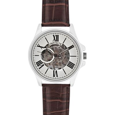 Men's brown leather skeleton watch